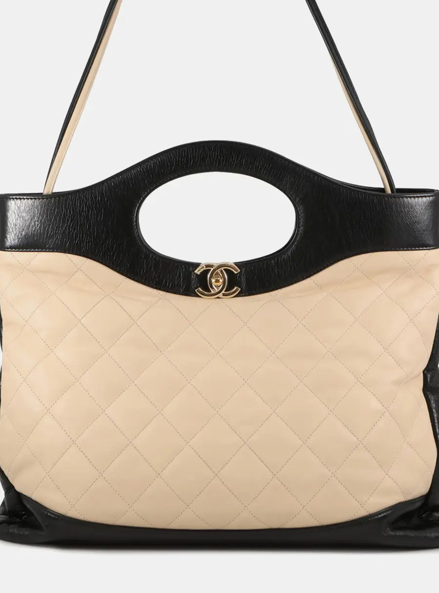 Chanel 31 Shopping Bag Large Beige Black Calfskin Leather Top Handle Bag