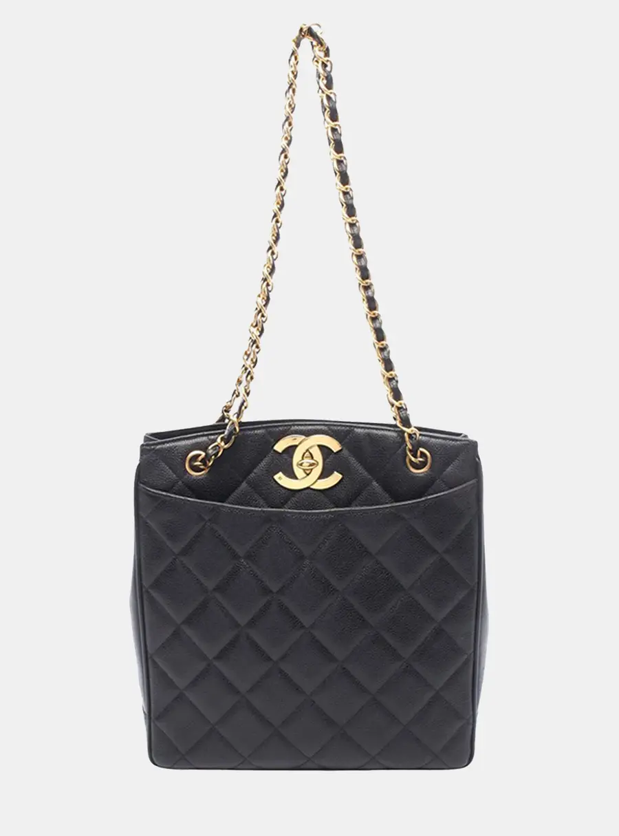 Chanel Vintage Medium CC Turnlock Black Caviar Leather Tote Bag