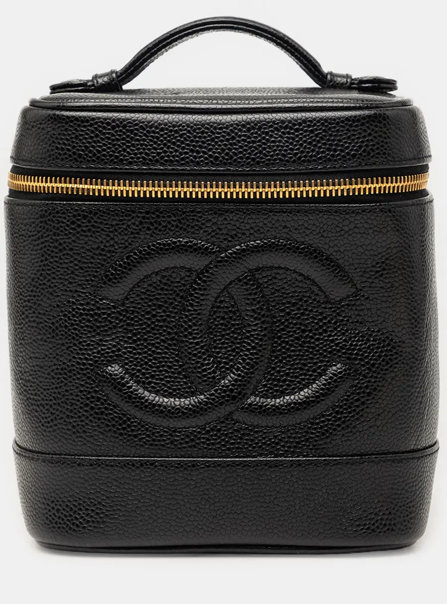 Chanel Vintage Timeless Vertical Black Caviar Leather Cosmetic Top Handle Bag