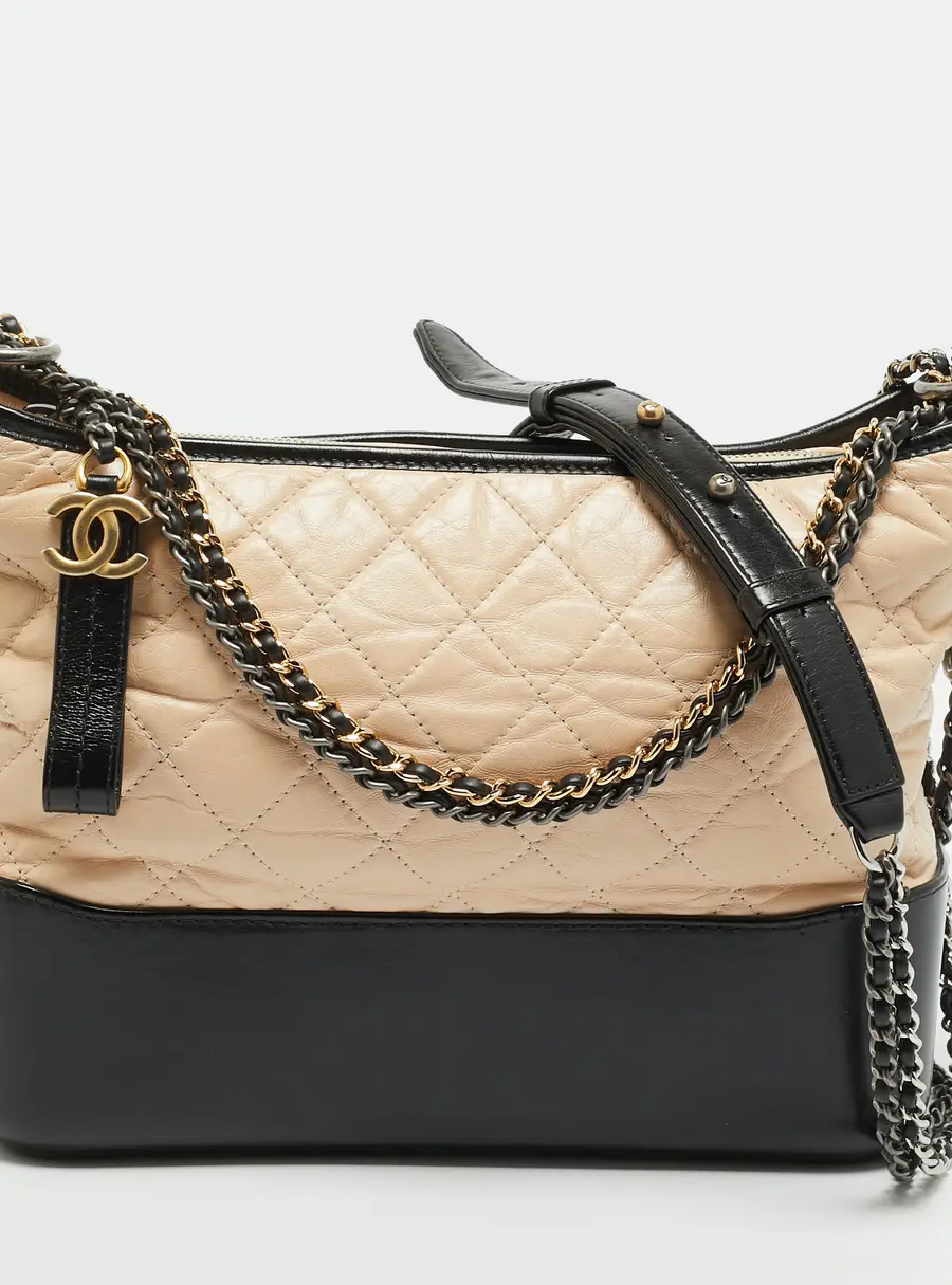 Chanel Gabrielle Medium Beige/Black Quilted Aged Leather Hobo