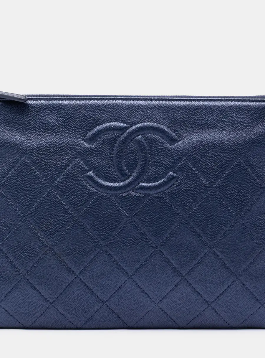 Chanel CC Quilted Caviar O Case Medium Blue Caviar Leather Clutch Bag
