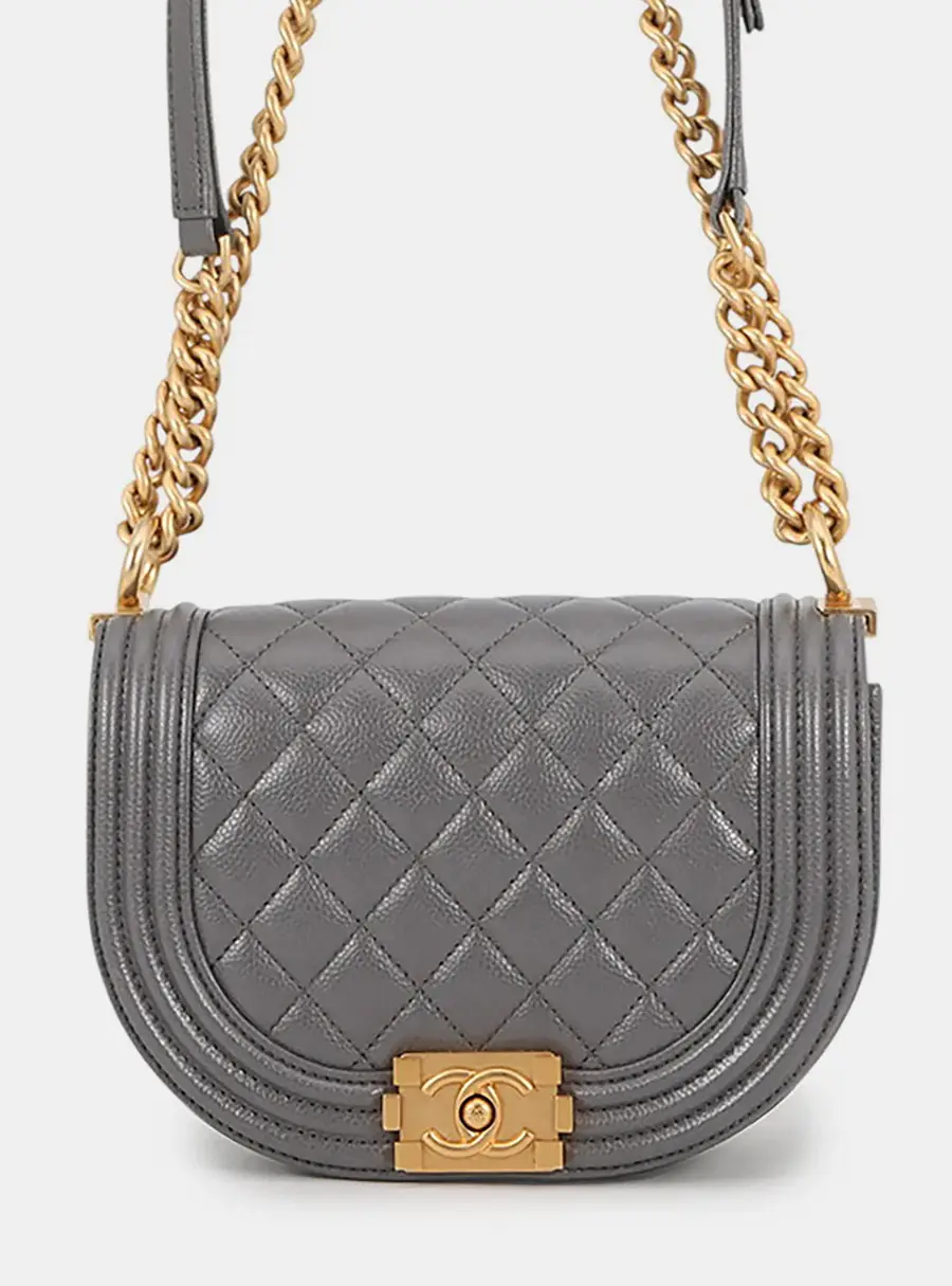 Chanel Boy Small Gray Quilted Caviar Leather Shoulder Bag
