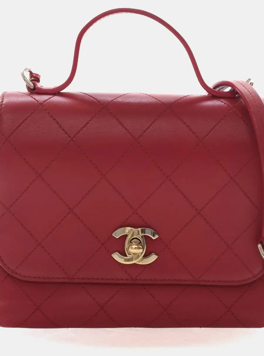 Chanel Double Pocket Small Red Lambskin Top Handle Bag
