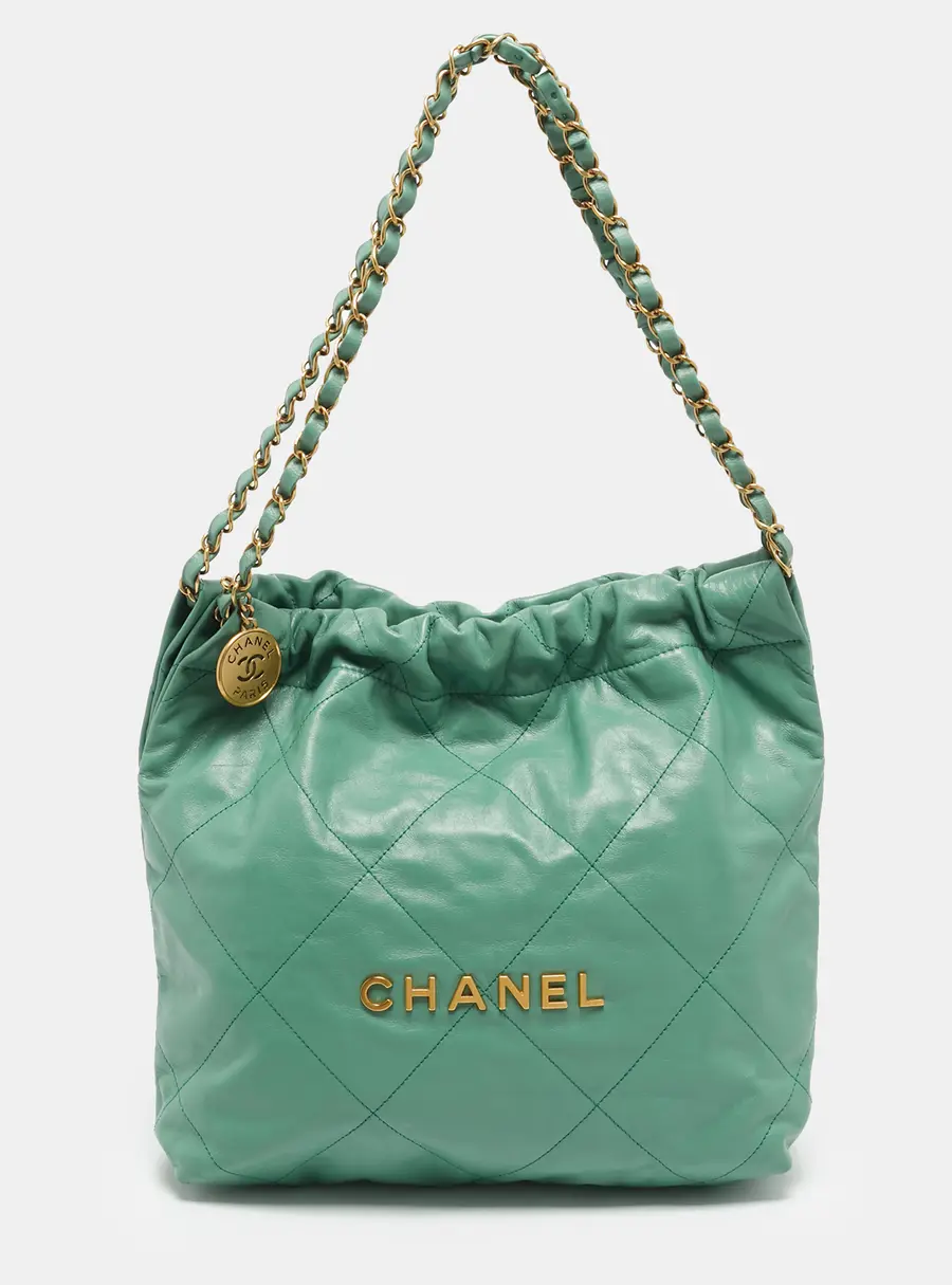 Chanel 22 Small Green Quilted Shiny Leather Bag