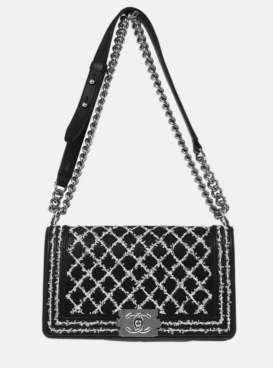 Chanel Boy Medium Black Lambskin Sequins Flap Shoulder Bag