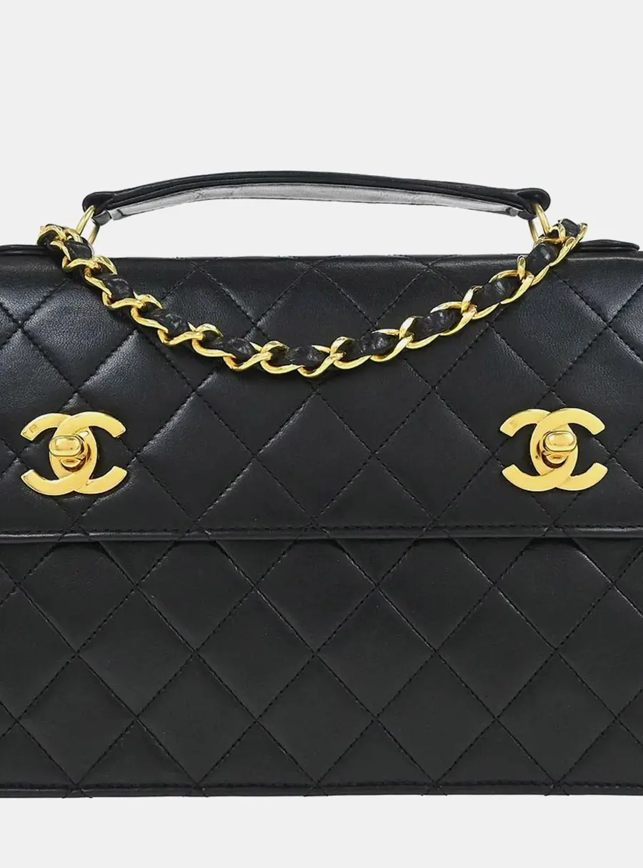 Chanel Vintage Double CC Turn Lock Small Black Lambskin Leather Top Handle Bag