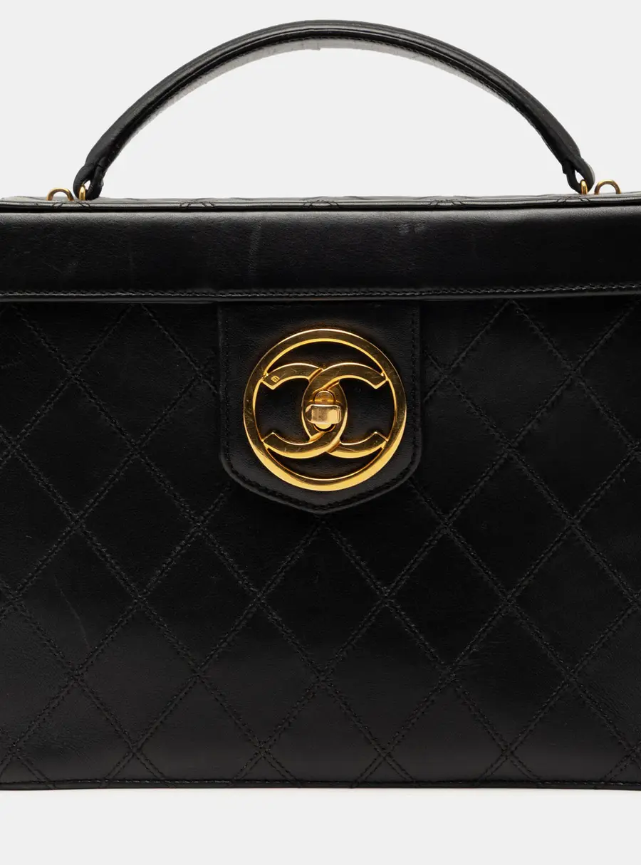 Chanel CC Stitched Black Calfskin Leather Top Handle Bag