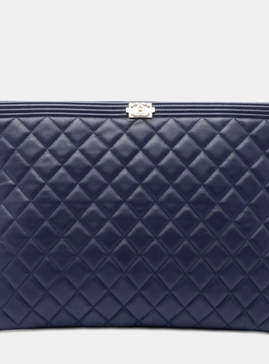 Chanel Boy Large Blue Quilted Lambskin Leather Clutch Bag