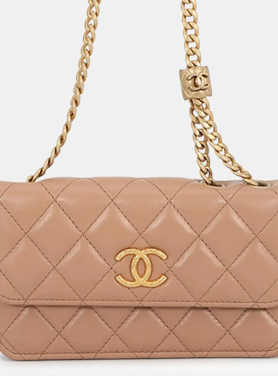 Chanel Phone Holder Beige Lambskin Leather Phone Holder Bag