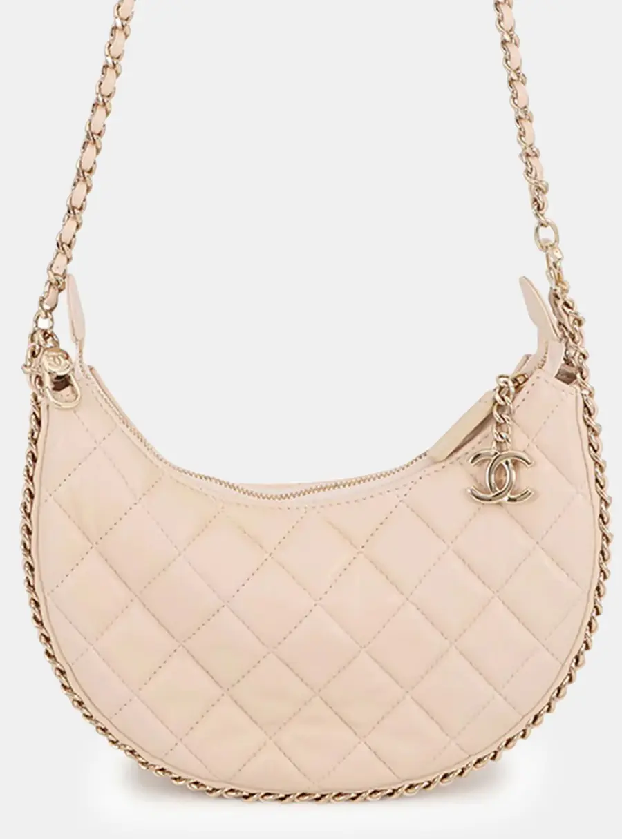 Chanel Small Hobo Bag Beige Lambskin Leather Shoulder Bag