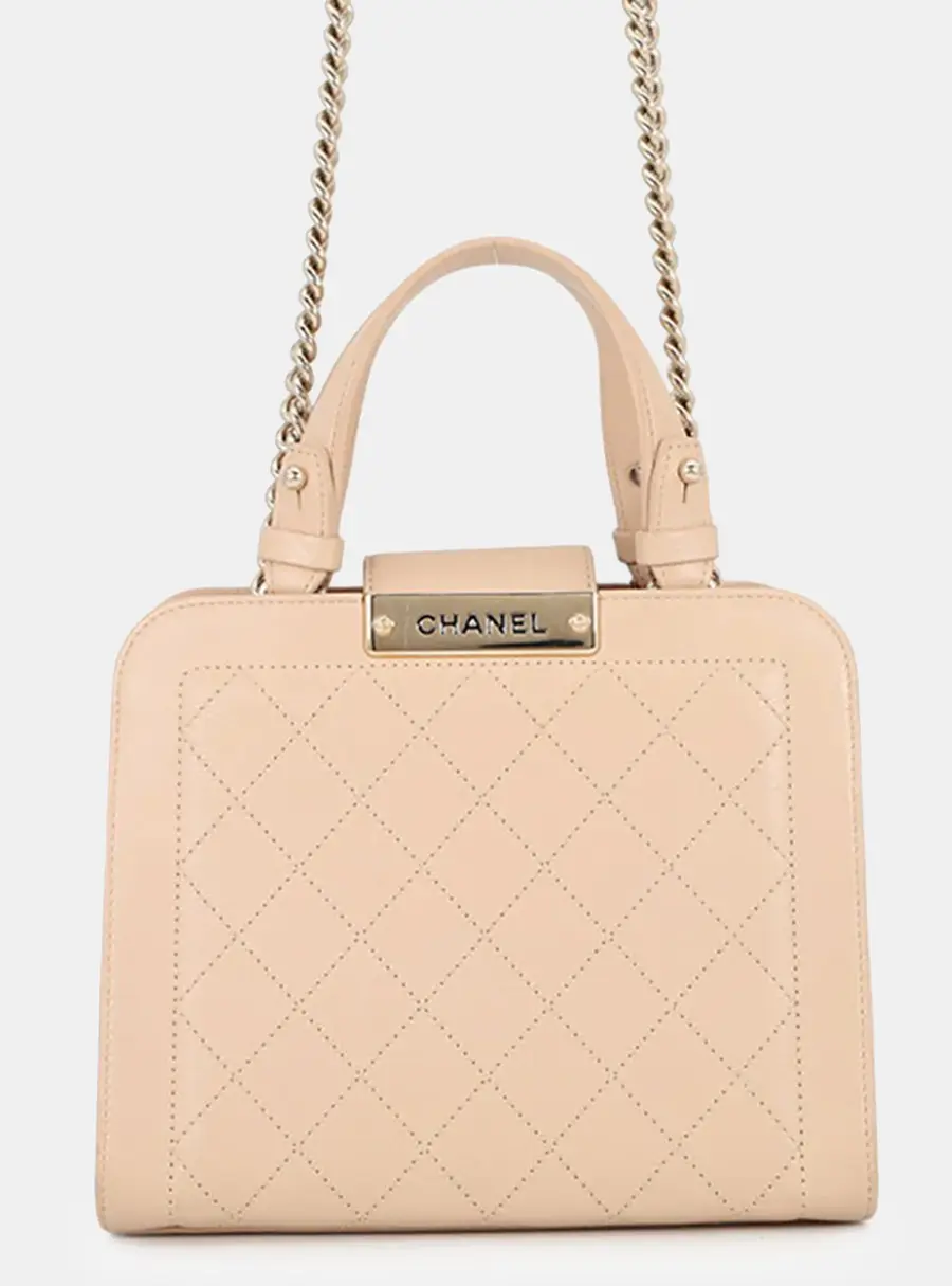 Chanel Matelasse Small Beige Calfskin Leather Top Handle Bag