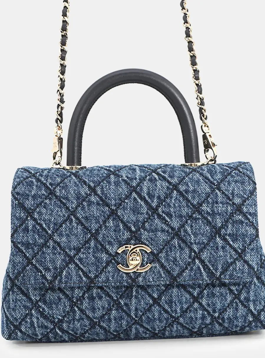 Chanel Coco Handle Extra Small Blue Washed Denim Cotton Calfskin Leather Top Handle Bag