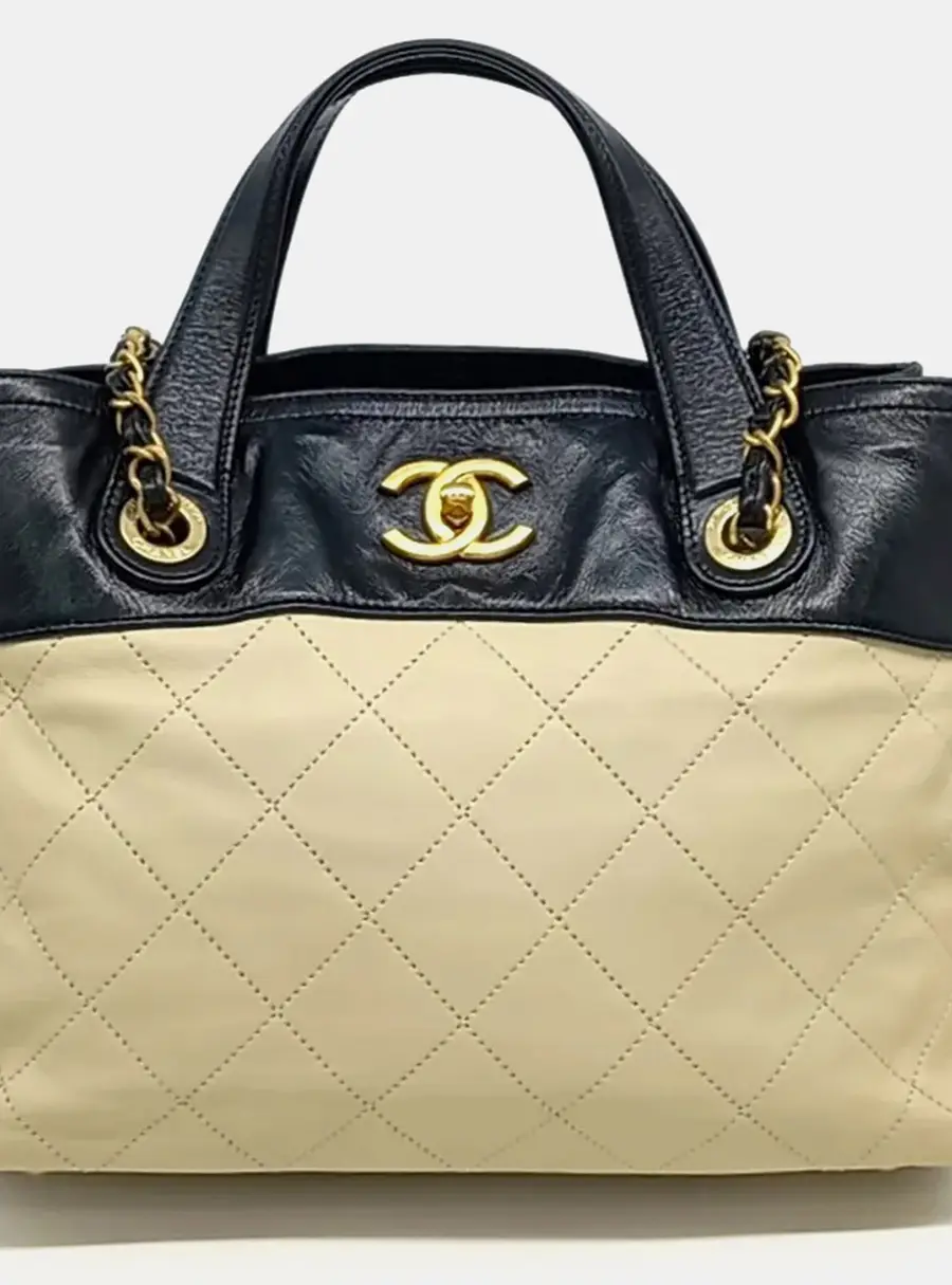 Chanel In the Mix Tote Black Beige Quilted Calfskin Leather Tote Bag