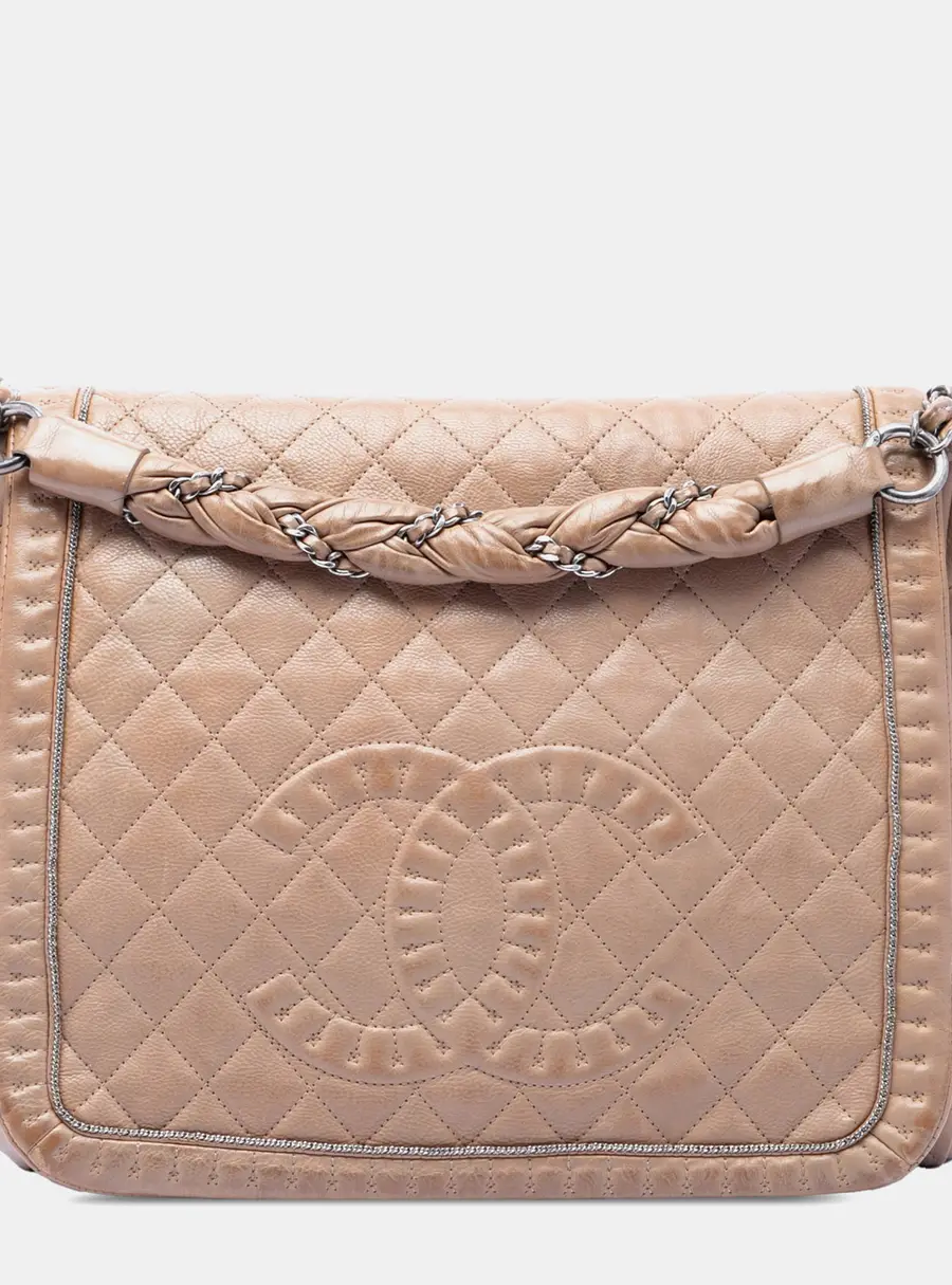 Chanel Istanbul Accordion Flap Large Beige Quilted Calfskin Leather Shoulder Bag