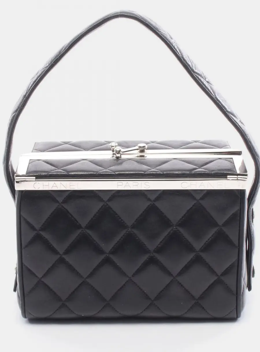 Chanel Matelasse Small Black Lambskin Leather Metal Frame Top Handle Bag