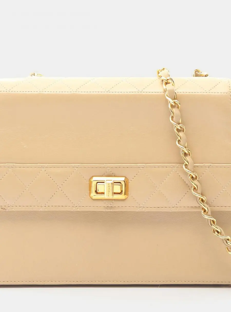 Chanel Vintage Mademoiselle Lock Trapezoid Beige Lambskin Leather Shoulder Bag