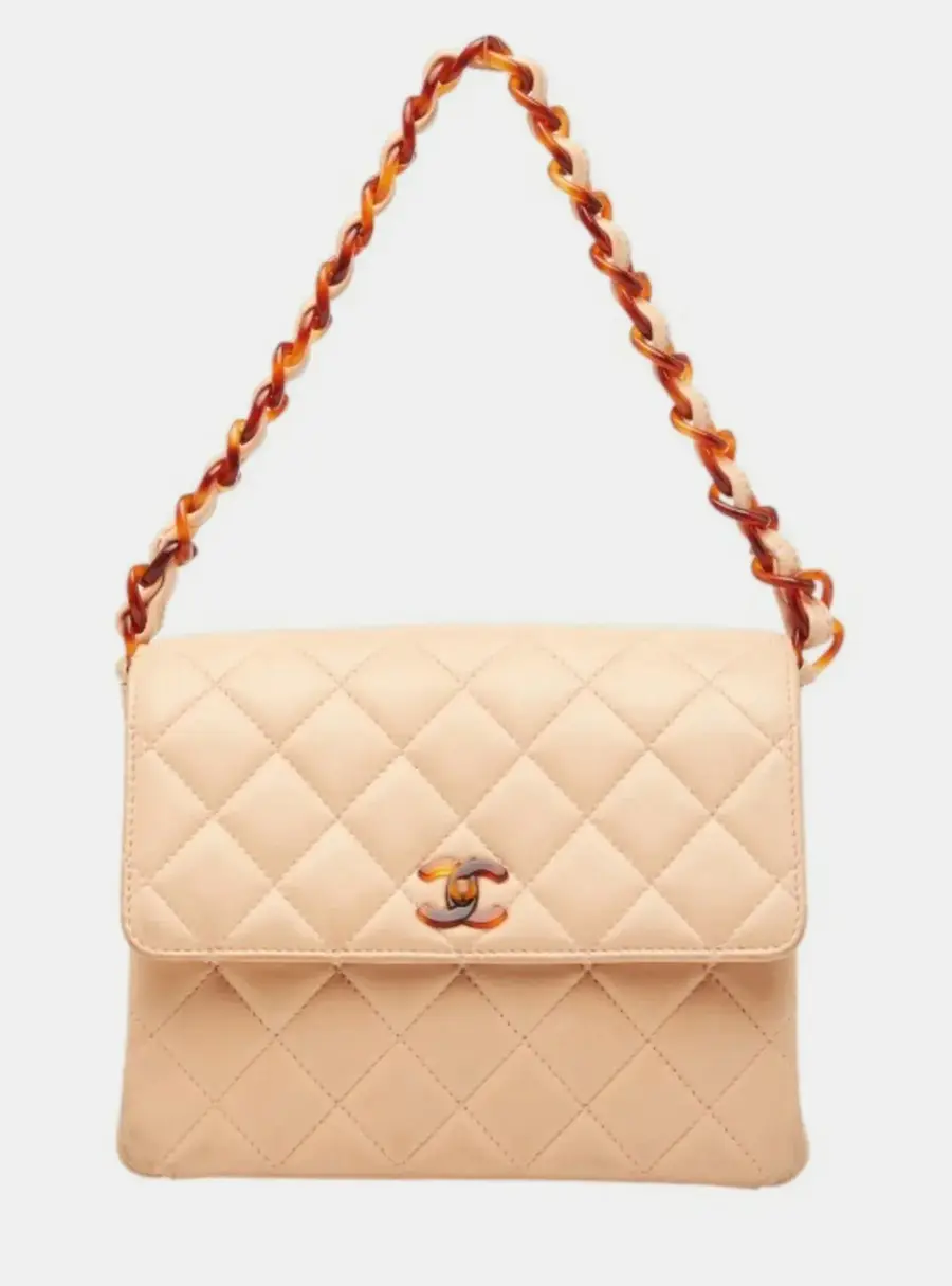 Chanel Vintage Matelasse Tortoiseshell Plastic Chain Pink Beige Lambskin Shoulder Bag