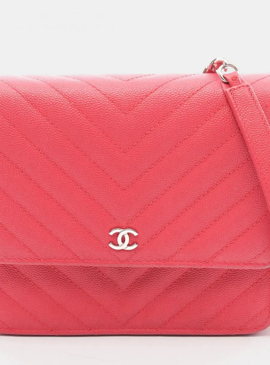 Chanel Chevron V-Stitch Red Caviar Leather Wallet on Chain Bag