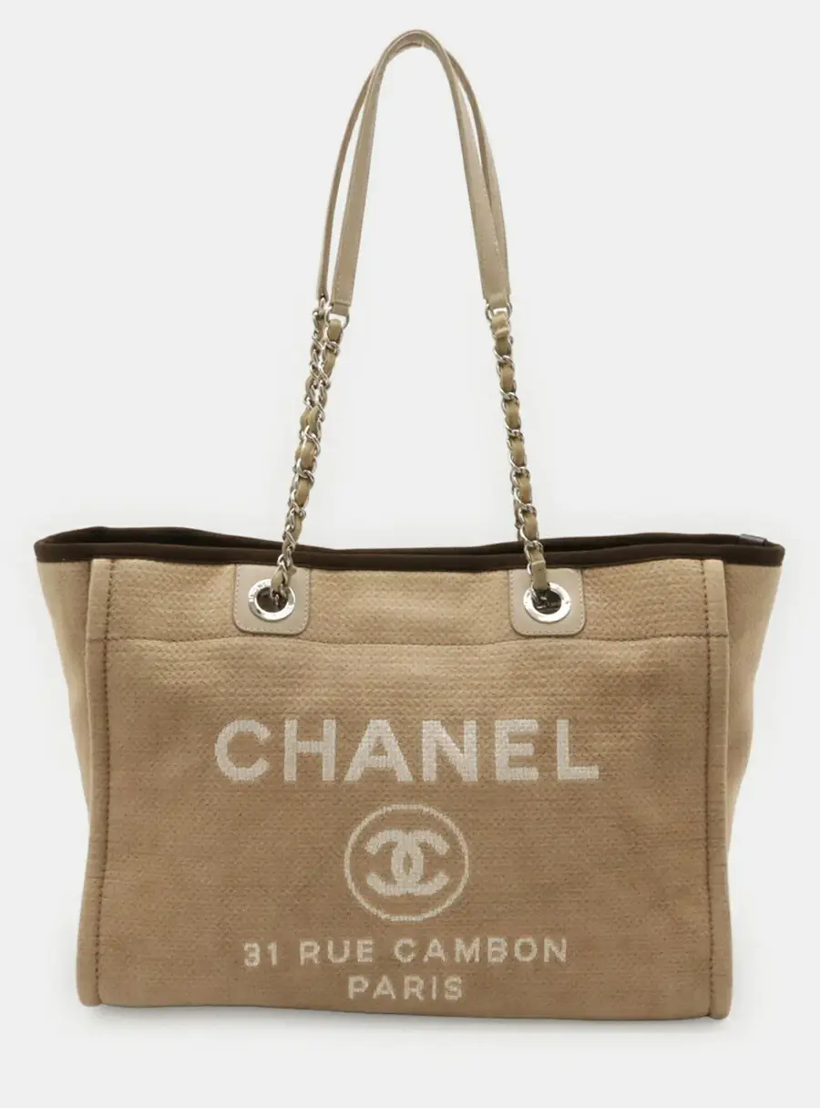 Chanel Deauville MM Beige Canvas Brown Leather Shoulder Tote Bag