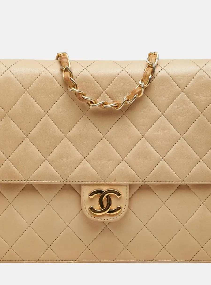 Chanel Vintage Coco Mark Matelasse Square Beige Leather Single Flap Bag