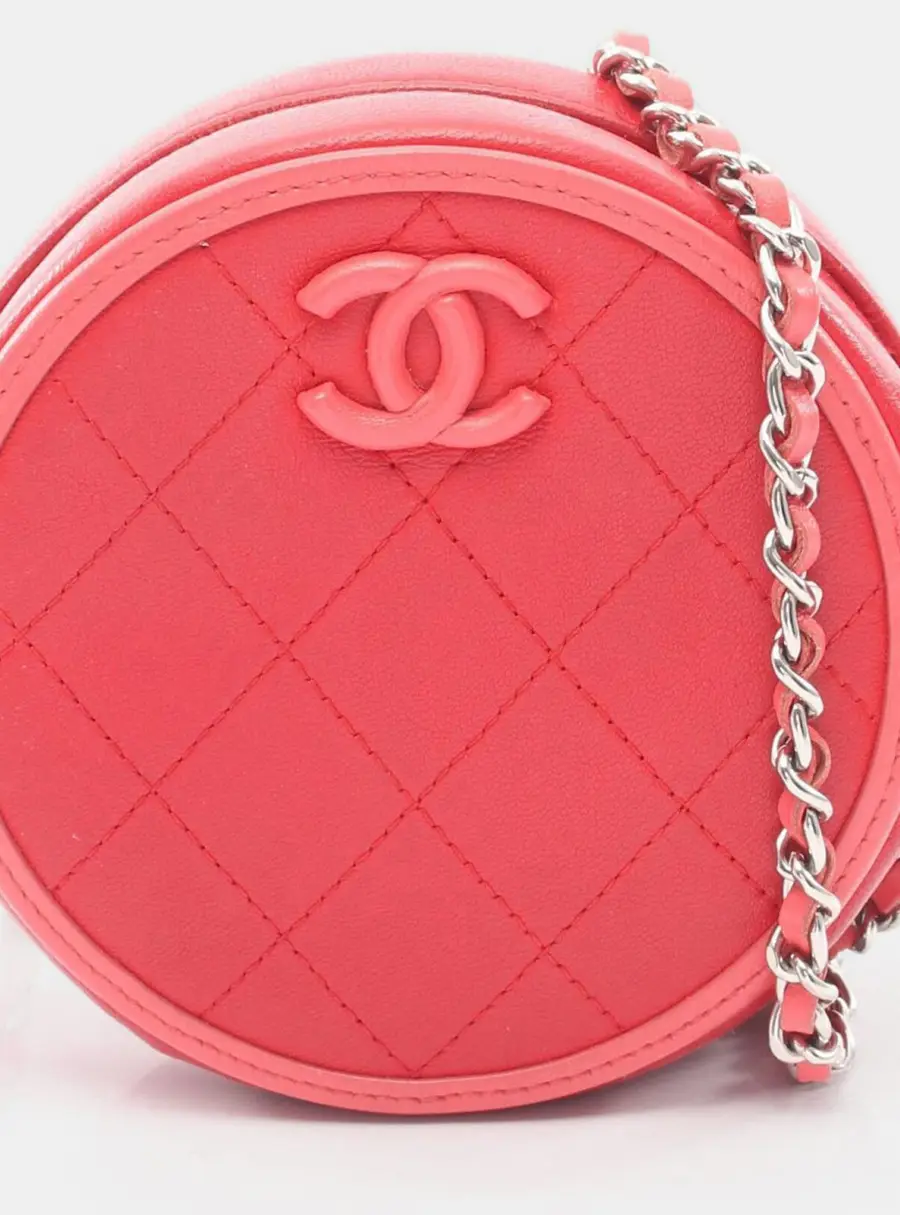 Chanel CC Logo Round Mini Red Pink Lambskin Leather Crossbody Bag