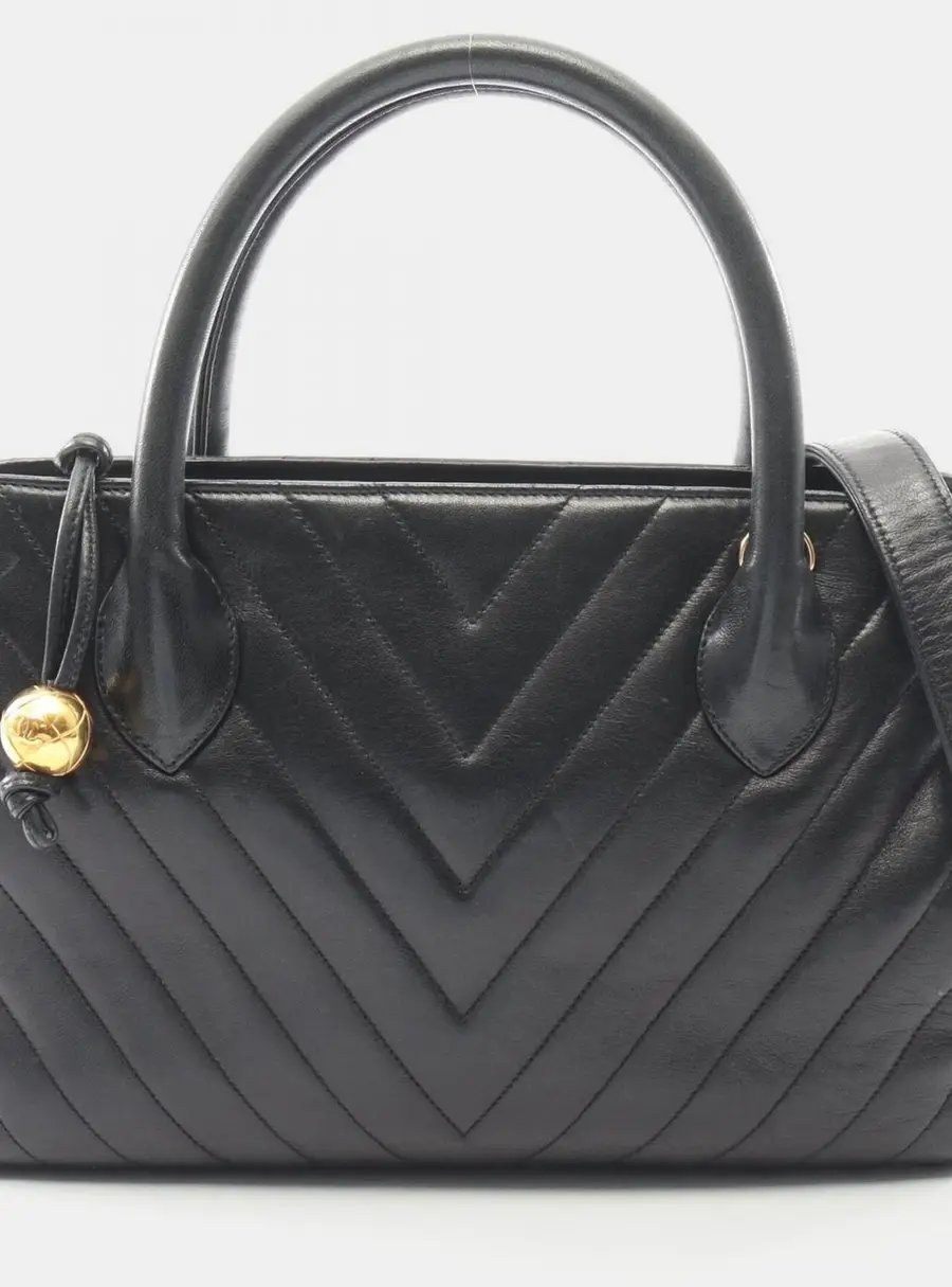 Chanel Vintage Chevron V-Stitch Medium Black Lambskin Leather Top Handle Bag