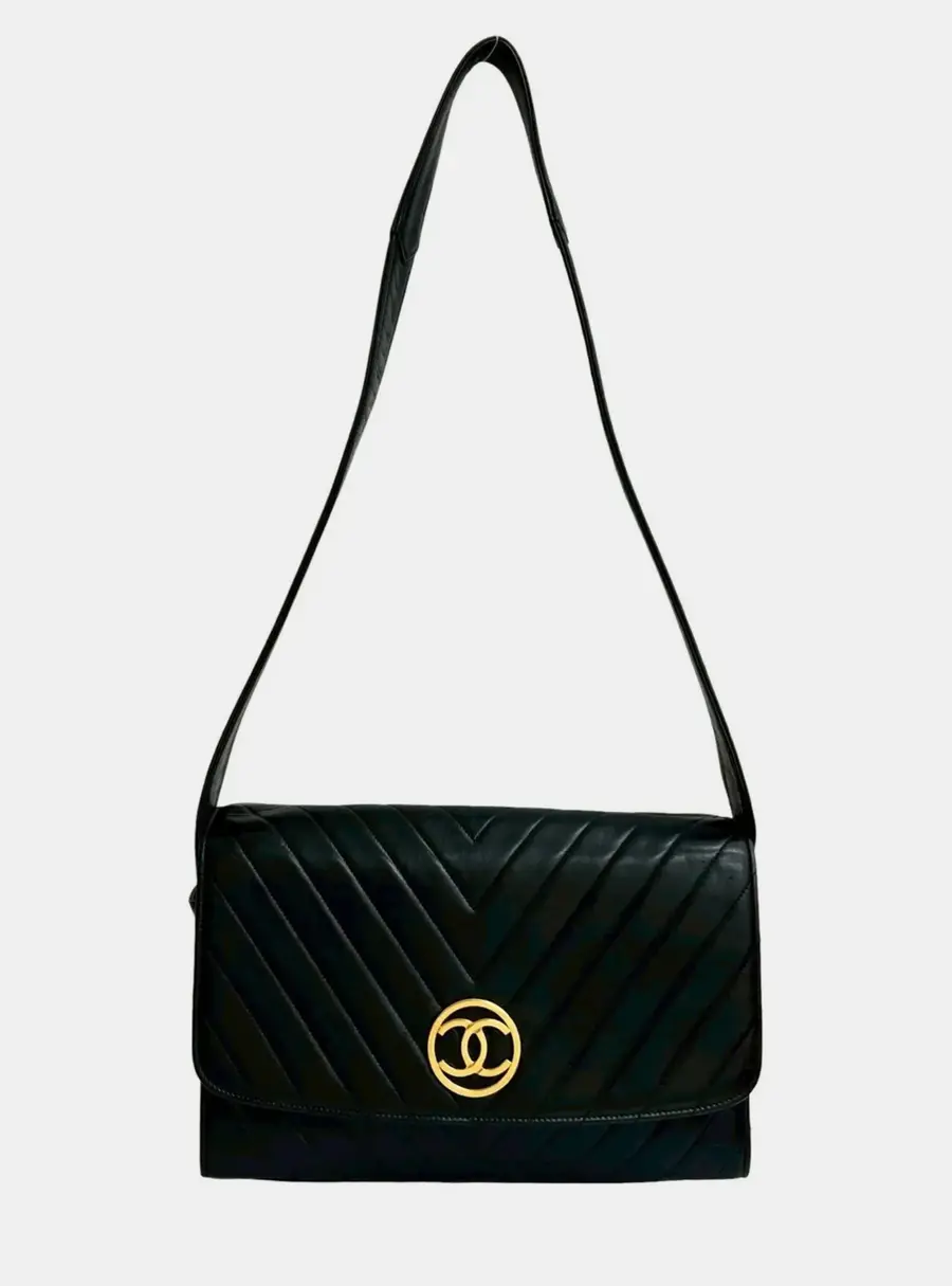 Chanel Vintage V-Stitch Coco Mark Lambskin Semi-Shoulder Bag