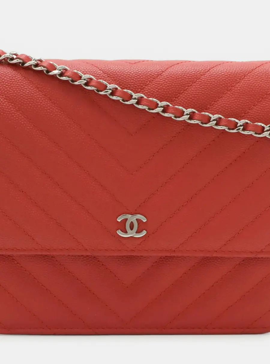 Chanel Chevron Wallet on Chain Red Caviar Leather Crossbody Bag