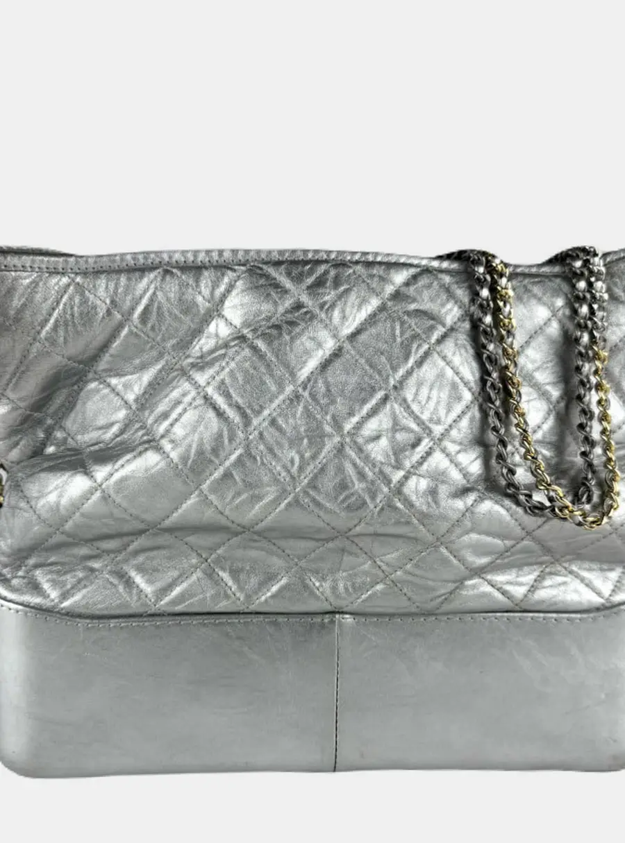 Chanel Gabrielle Medium Silver Quilted Aged Calfskin Leather Hobo Shoulder Bag