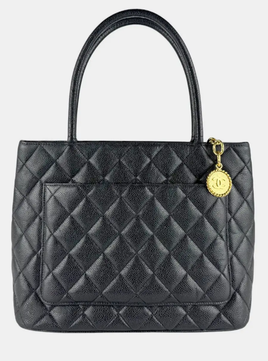 Chanel Medallion Medium Black Quilted Caviar Leather Tote Bag
