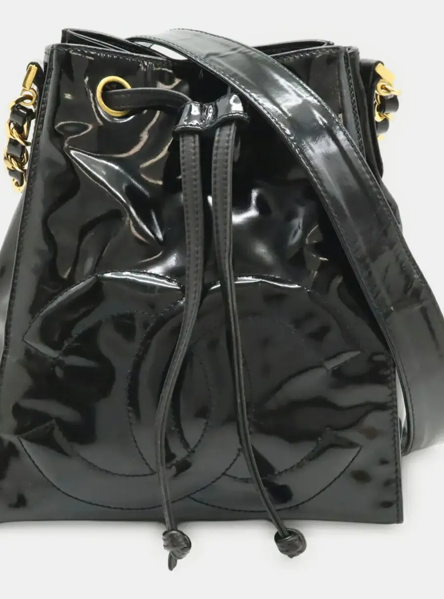 Chanel Coco Mark Drawstring One Size Black Patent Leather Shoulder Bag