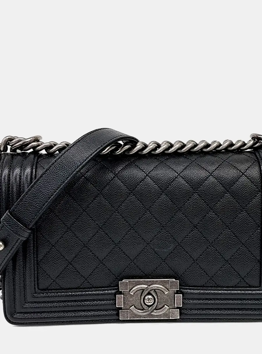 Chanel Boy Medium Black Caviar Leather Shoulder Bag
