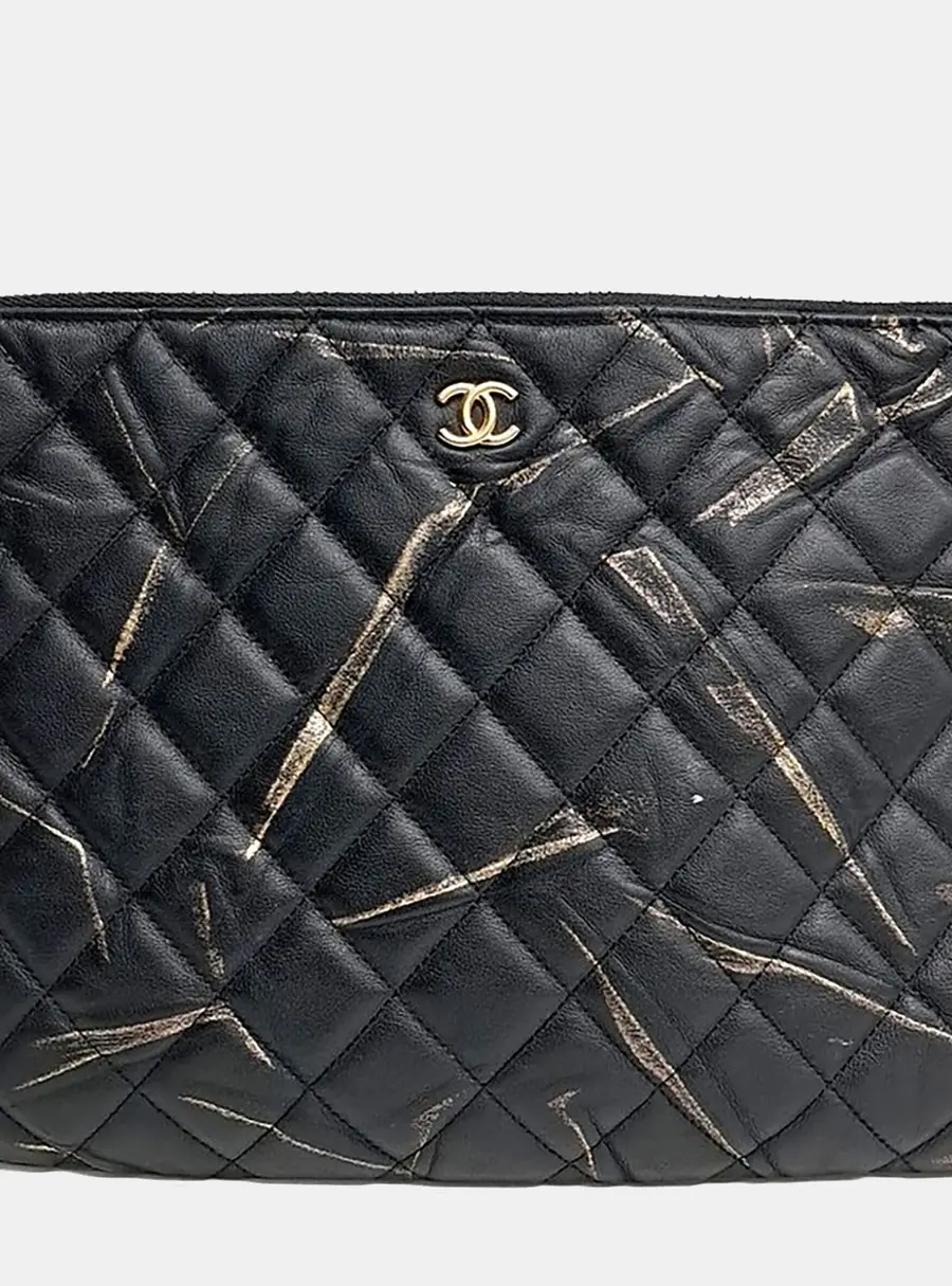 Chanel Quilted Black and Gold Leather Clutch Bag