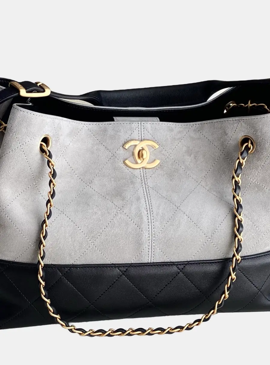 Chanel Hobo Small Grey Suede Black Calfskin Leather Shoulder Bag