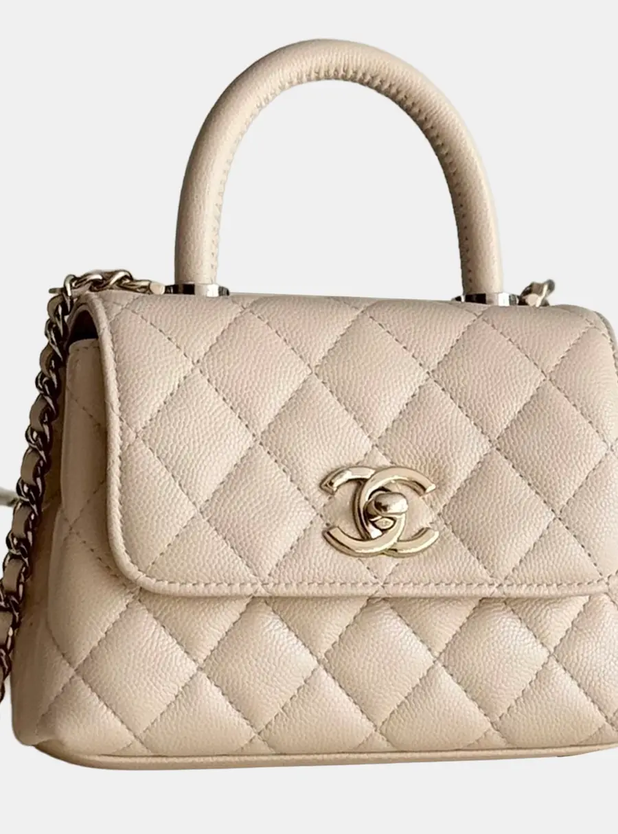 Chanel Coco Handle Nano Light Beige Grained Calfskin Leather Top Handle Bag
