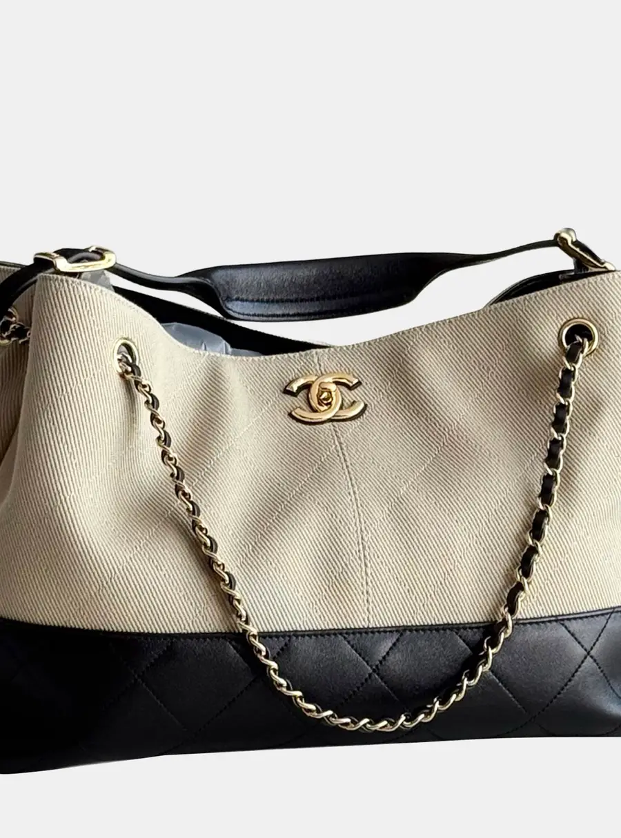 Chanel Hobo Beige Black Canvas Calfskin Leather Shoulder Bag