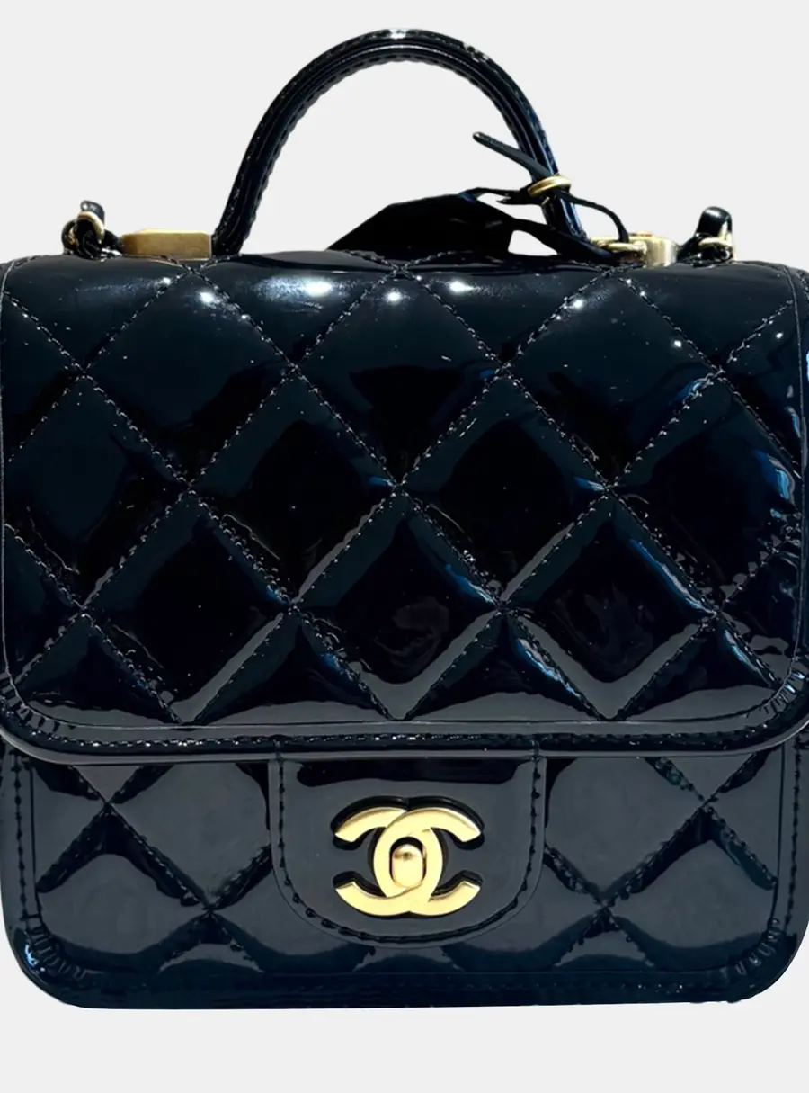 Chanel Mini Flap Black Patent Leather Top Handle Bag
