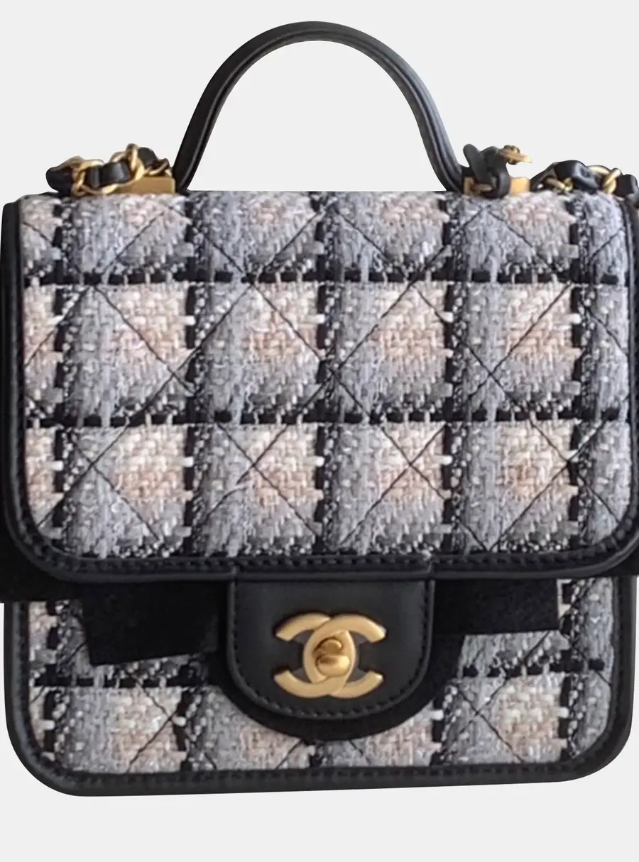 Chanel 22K Mini Messenger Microchip Grey and Black Tweed Fabric Top Handle Bag