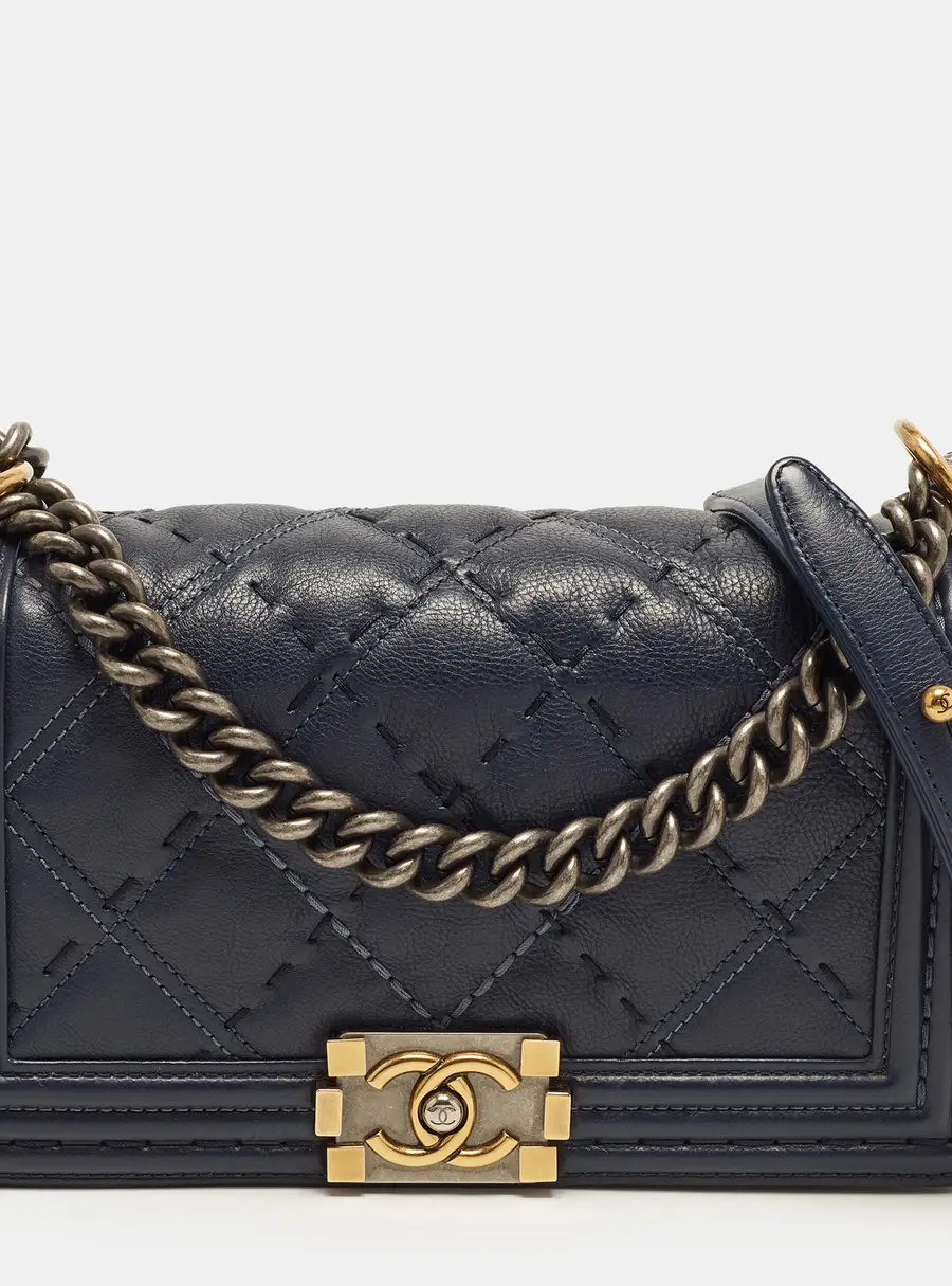 Chanel Boy Flap Wild Stitch Medium Navy Blue Quilted Leather Bag