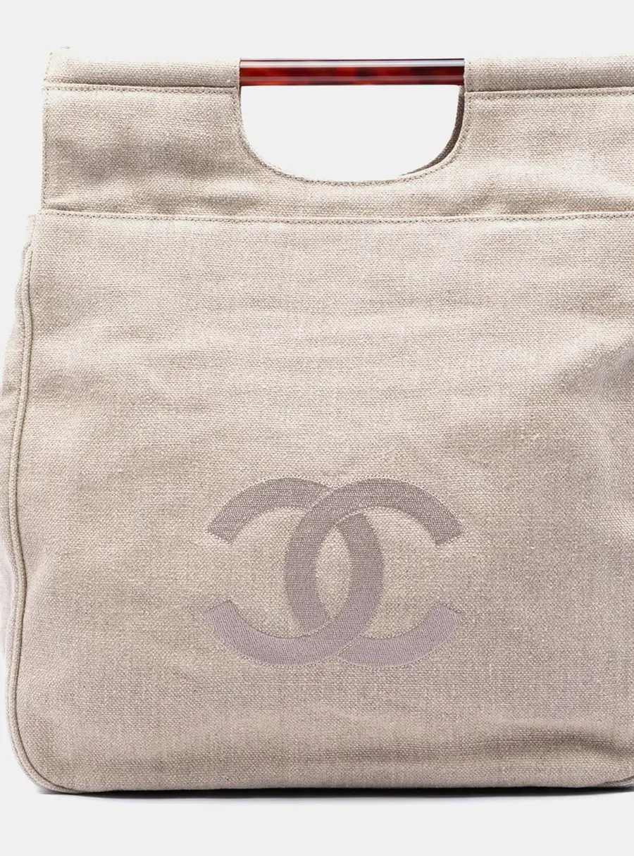 Chanel CC Tortoise Handle Neutrals Canvas Tote Bag