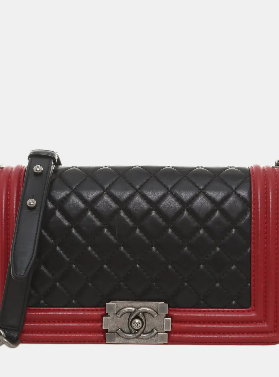 Chanel Boy Old Medium Black Red Lambskin Leather Shoulder Bag