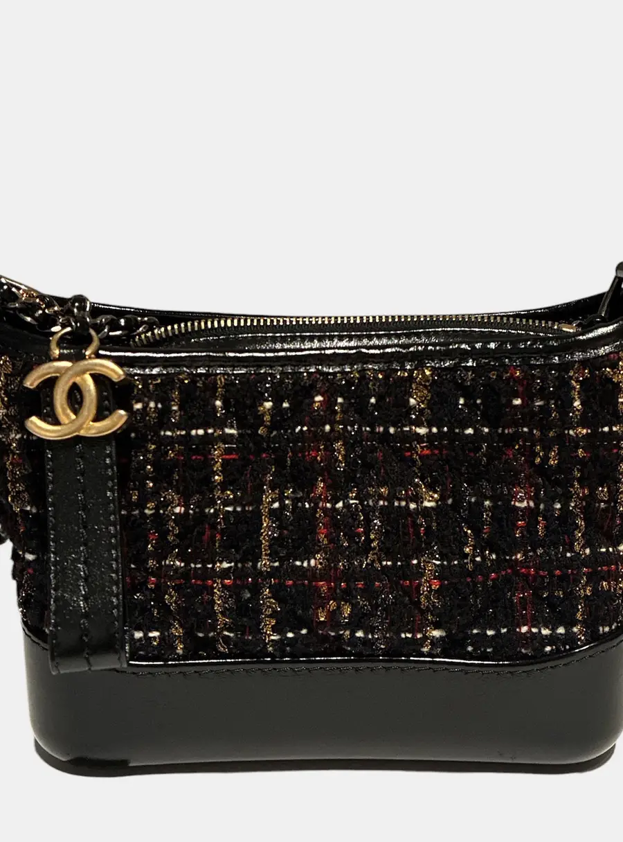 Chanel Gabrielle Small Black Tweed Patent Leather Hobo Bag