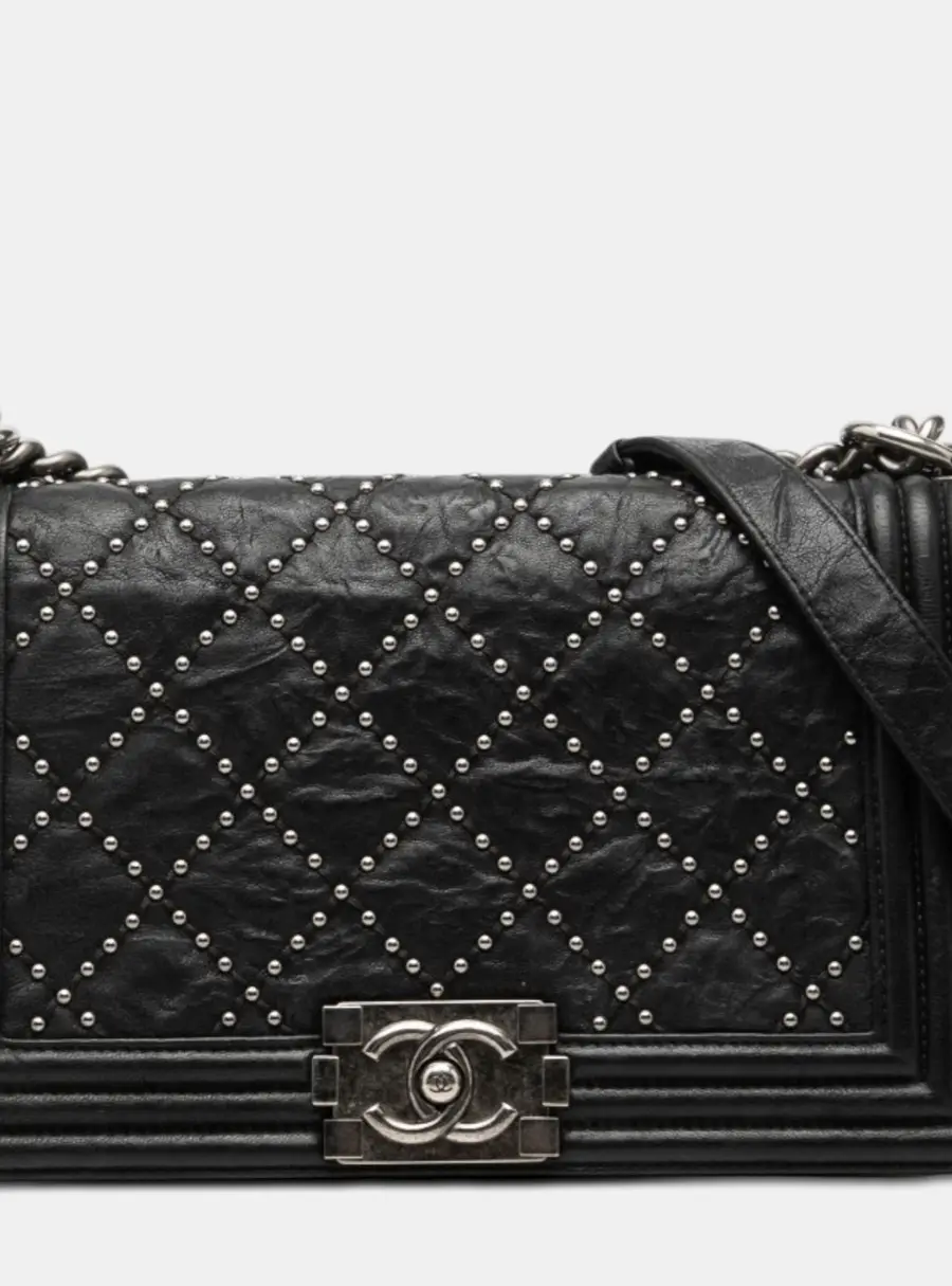 Chanel Boy Old Medium Black Quilted Crumpled Calfskin Studded Flap Bag