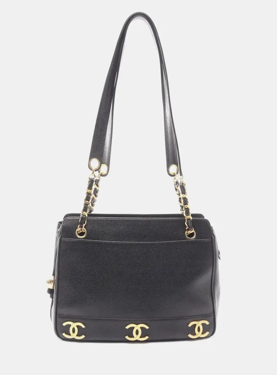 Chanel Vintage Triple CC Black Caviar Leather Shoulder Bag