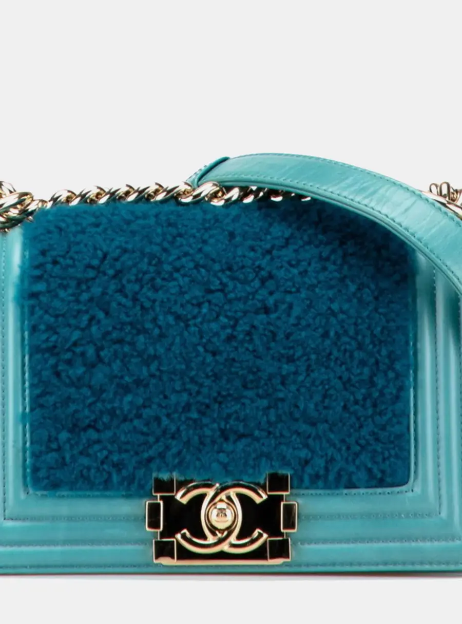 Chanel Boy 20 Turquoise Lambskin Leather Shearling Shoulder Bag