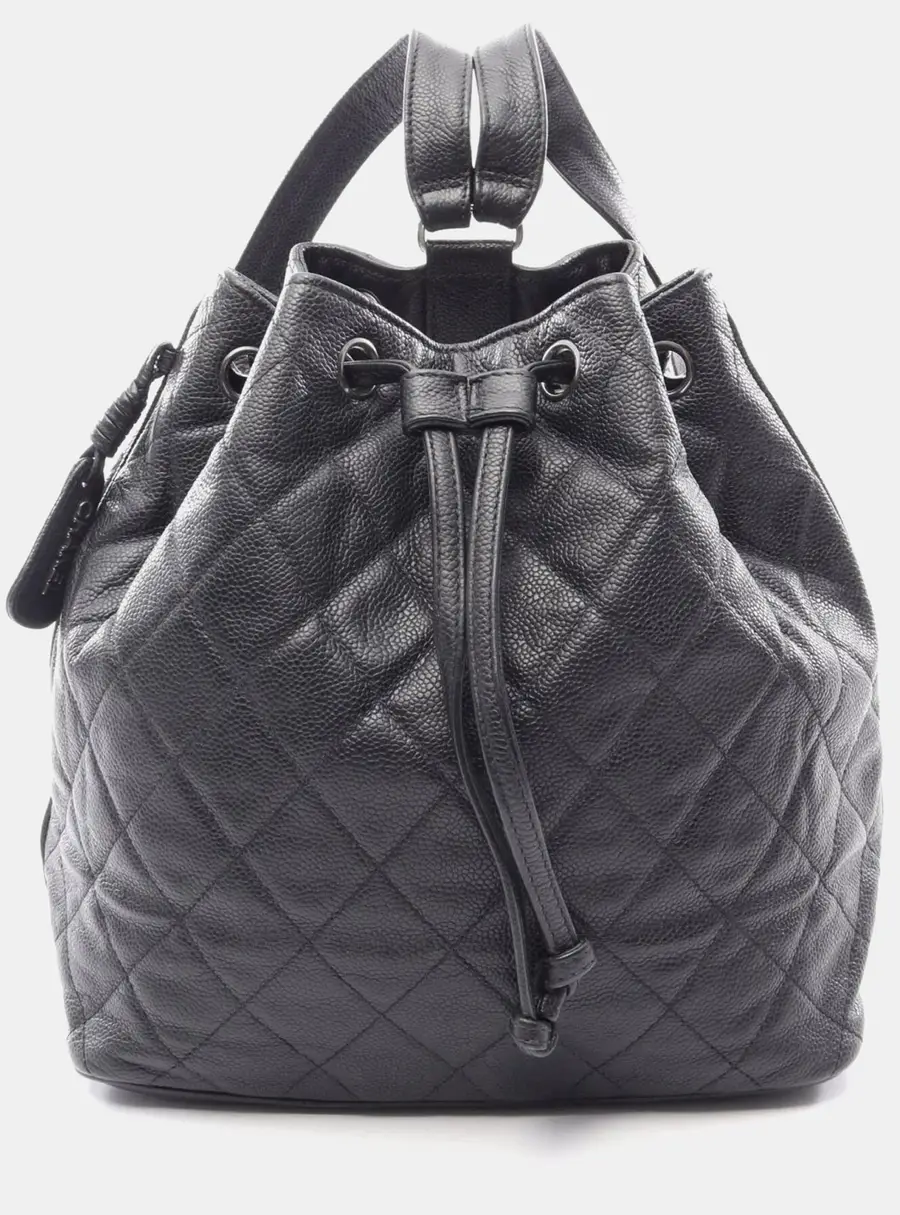 Chanel Matelasse Vintage Black Grained Calfskin Leather Drawstring Backpack Bag