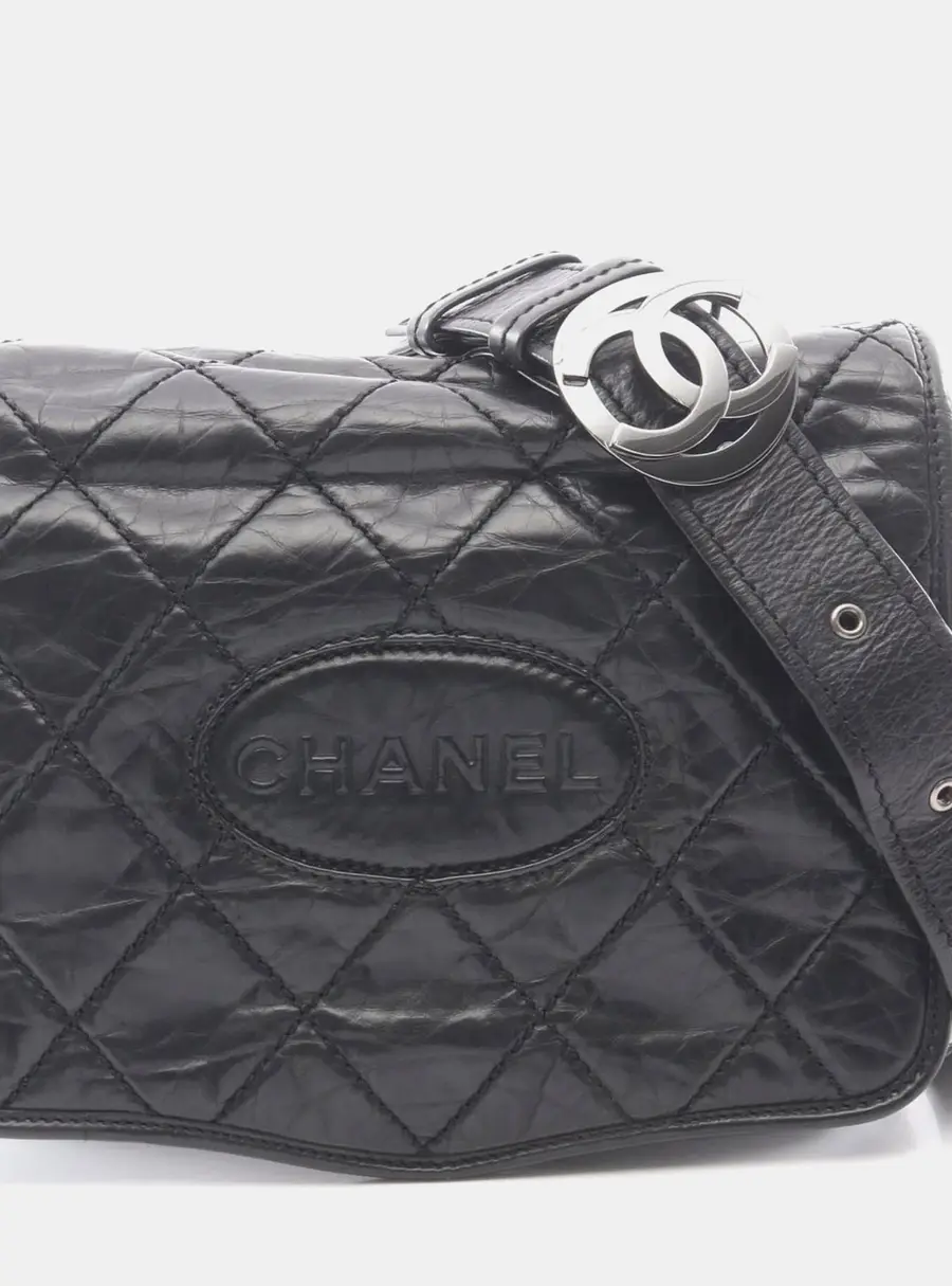 Chanel Oval Logo Medium Black Aged Calfskin Leather Shoulder Bag