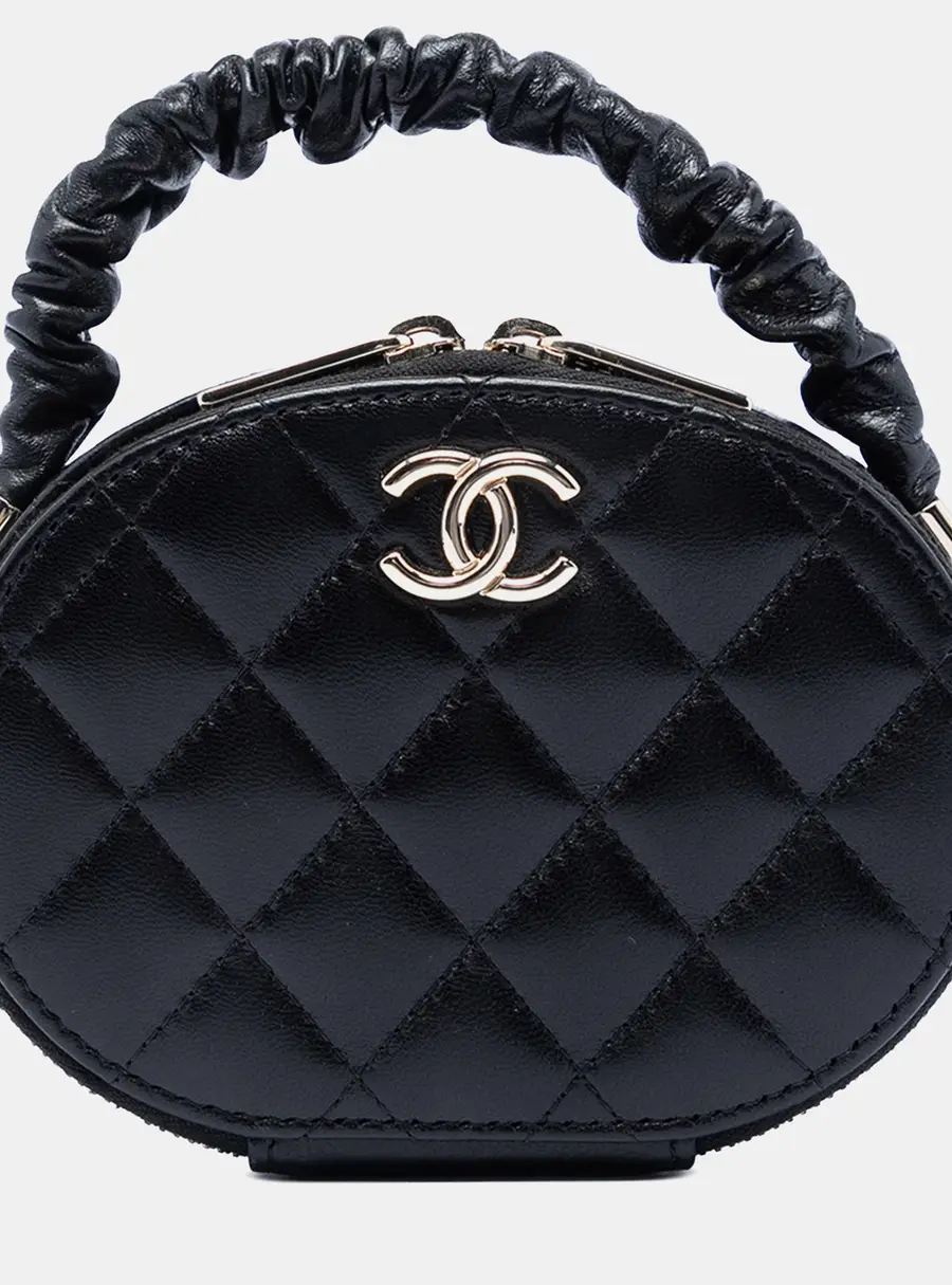 Chanel Ruched Oval Mini Black Lambskin Leather Top Handle Bag
