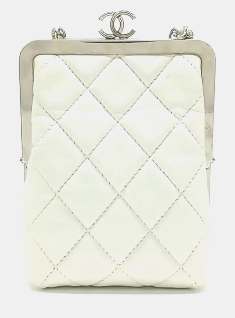 Chanel Evening Clutch White Lambskin Leather Shoulder Bag