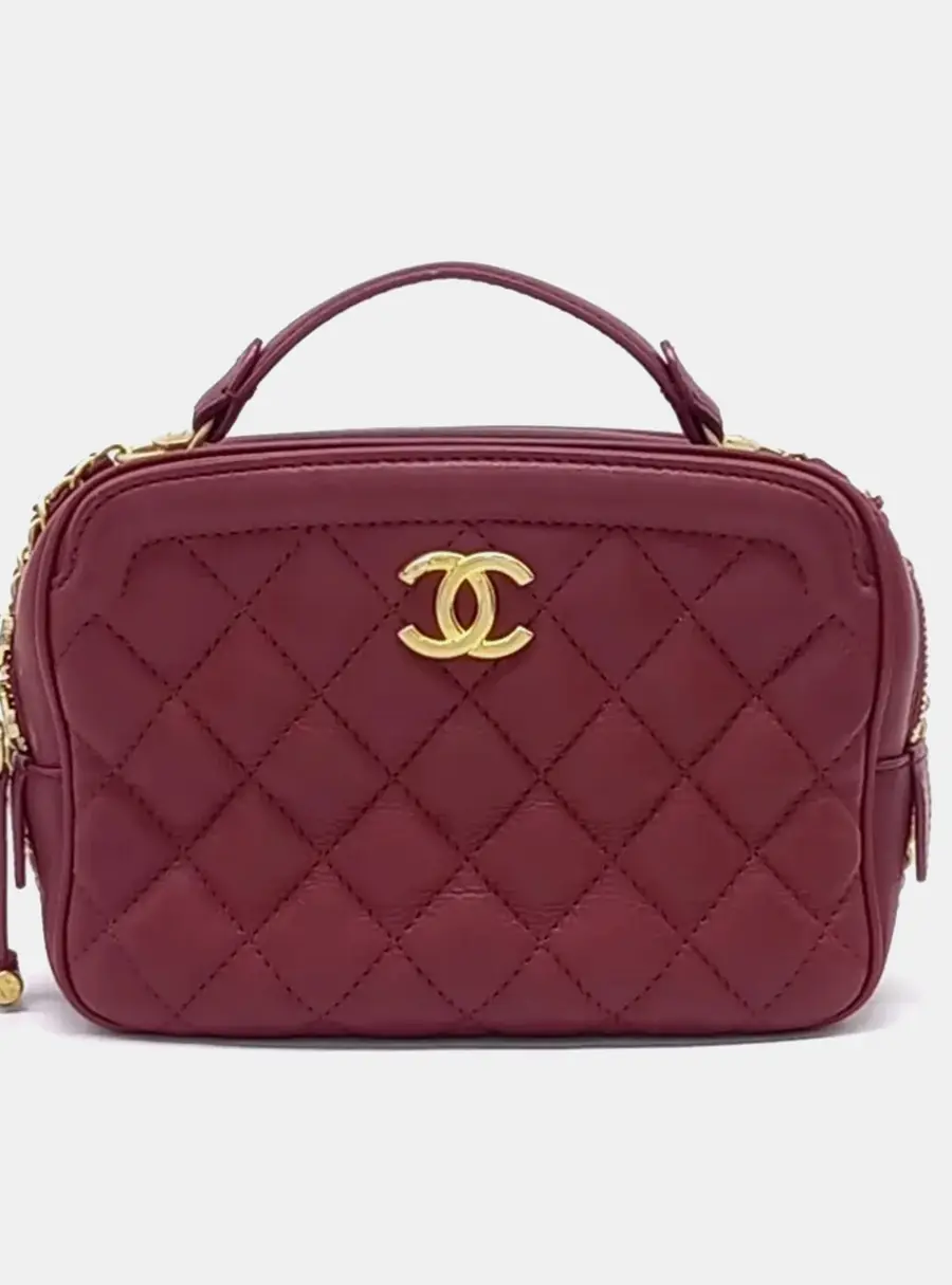 Chanel Cosmetic Vanity Small Red Quilted Calfskin Leather Top Handle Bag